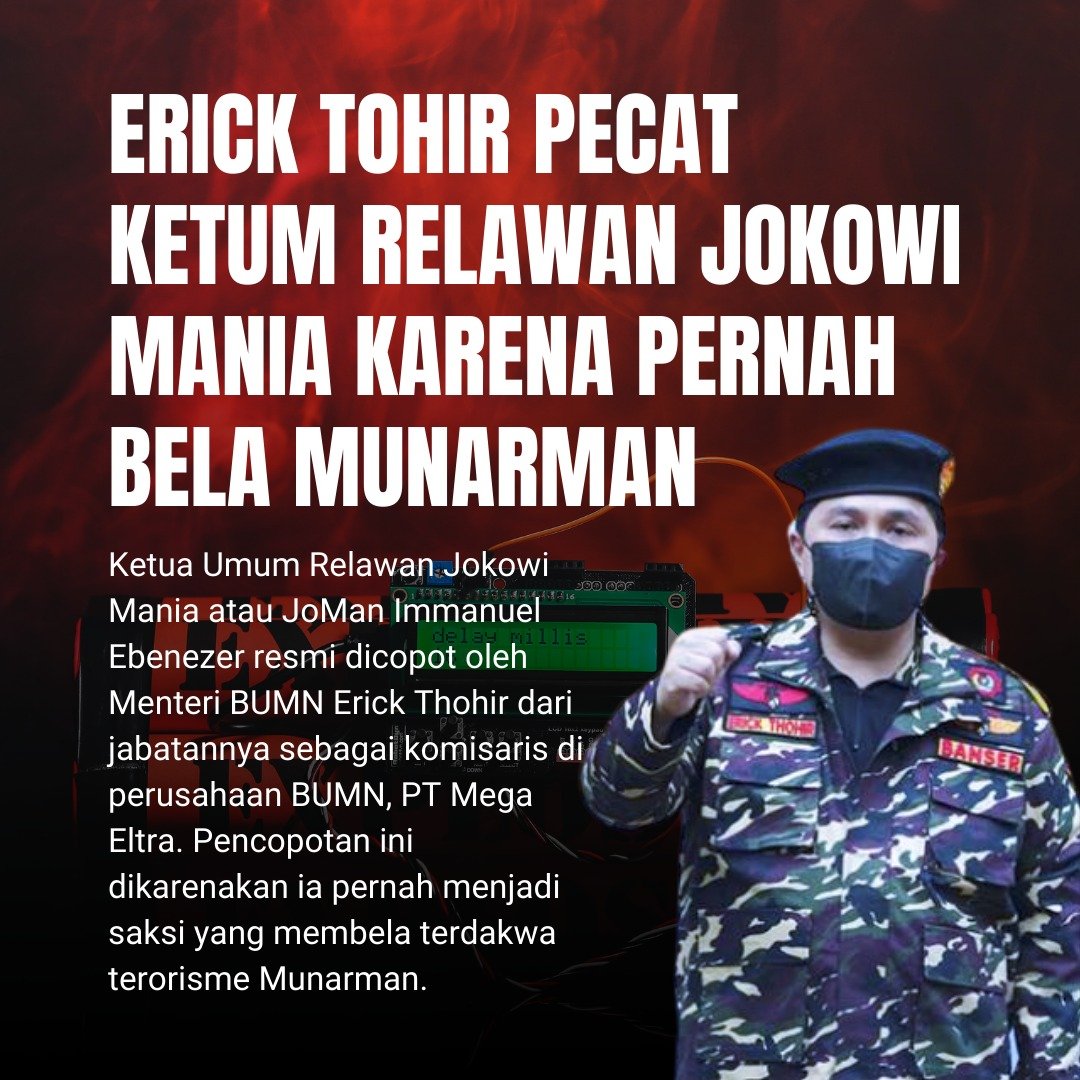 Langkah pencopotan Noel dari Komut BUMN SUDAH tepat! Karena Menteri BUMN Erick Thohir pernah menyampaikan tidak ada tempat bagi radikalisme n terorisme di tubuh BUMN. Dan hari ini komitmen tsb dibuktikan oleh pak Erick! 

#ErickThohirSolusiRakyat