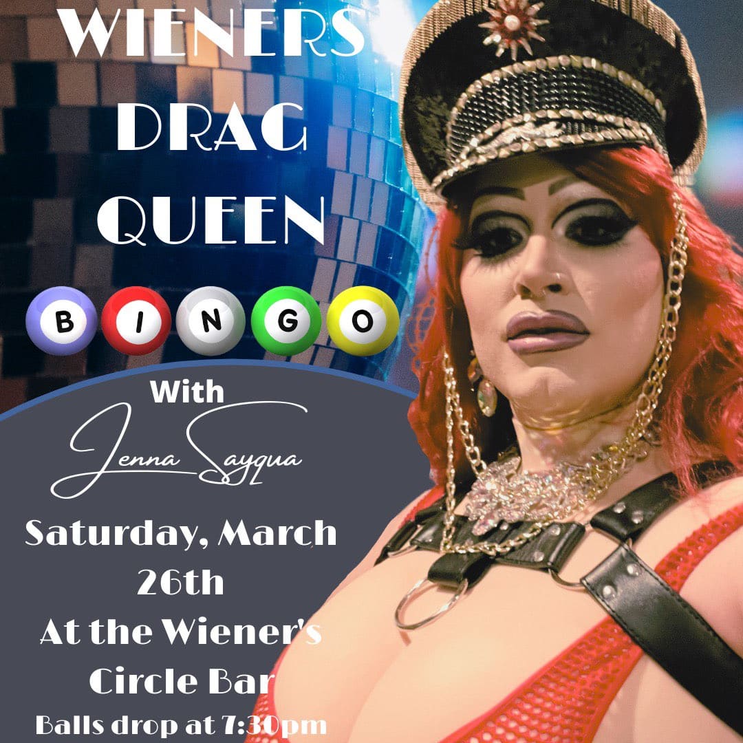 TheWienerCircle's tweet photo. It's that time again! Get your buns in gear and come out to Balls, Buns and Wieners Drag Queen Bingo with Jenna Sayqua at the @wienerscircle Bar this Saturday, March 26th! Tons of fun, prizes, profanity, boobs and booze! Balls drop at 7:30pm! 
#draqqueen #hunty https://t.co/623d0vFGGz