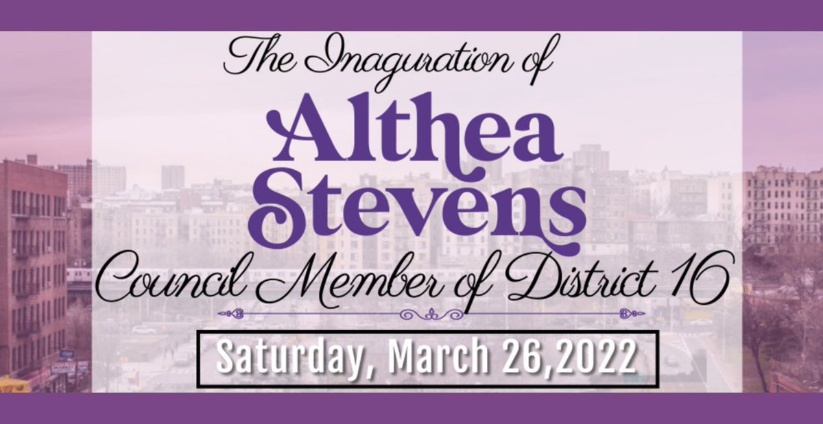 Tune in to watch the inauguration of Council Member Althea Stevens (@a_stevensD16) this Saturday, March 26th at 2:30 PM Live on BX OMNI channel 67 Optimum/ 2133 FiOS in the Bronx, online at https://t.co/RxZZcyf7Bf and on Facebook Live.

Watch Here: https://t.co/VC8IB9EGqj https://t.co/kMABscDDOD