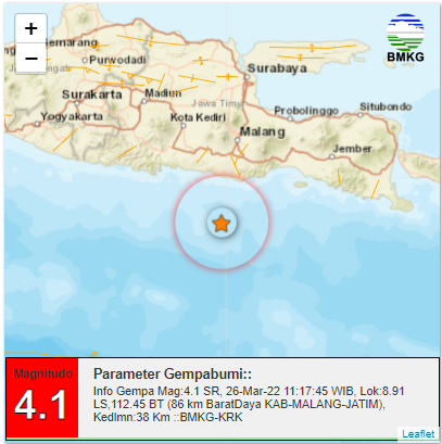 Info Gempa Mag:4.1, 26-Mar-22 11:17:45 WIB, Lok:8.91 LS,112.45 BT (86 km BaratDaya KAB-MALANG-JATIM), Kedlmn:38 Km ::BMKG-KRK