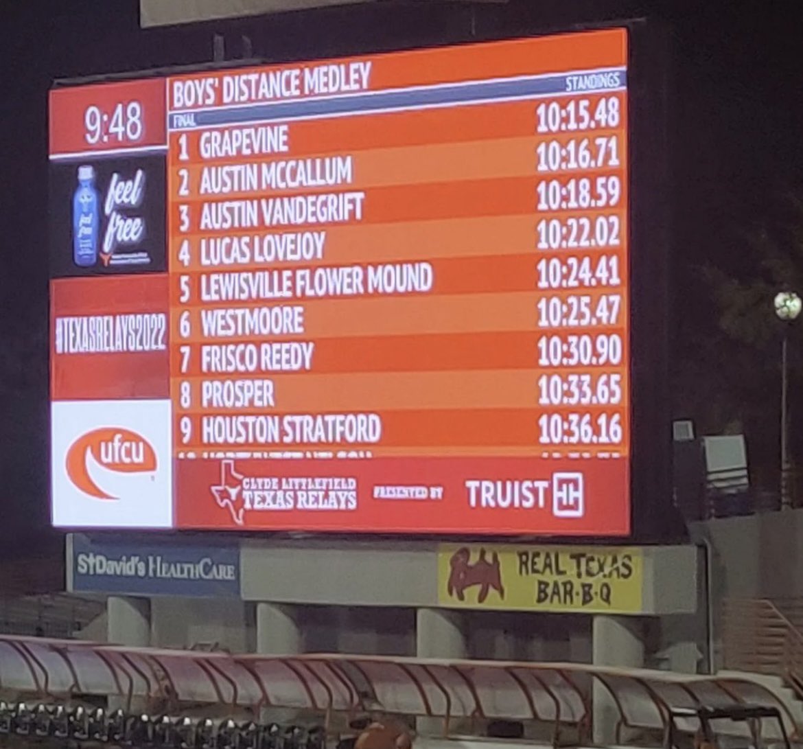 GrapevineXC's tweet photo. The Grapevine DMR squad of Josue Granados (3:08), Dylan Hohenberger (53), Trey Leathers (2:01), and Walker St John (4:13) win the Boys’ Distance Medley Relay at the 2022 Texas Relays.  They demolish the previous school record (10:39.77) with a 10:15.48 and a US #1 https://t.co/QzDeRiHEHA