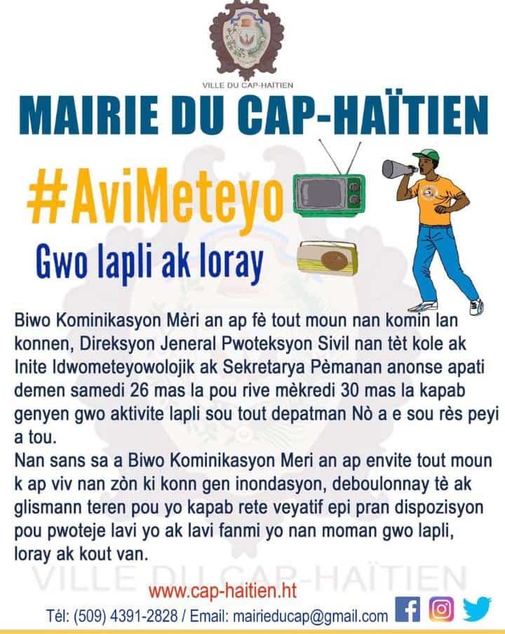 caec_ht's tweet photo. Sizoka, mete nou alabri 🙏🏽
#ayiti #alèt #meteyo #avimeteyo #prevansyon #prekosyon #lapli #gwovan #inondasyon #deboulonay https://t.co/VaeJZkG6nQ