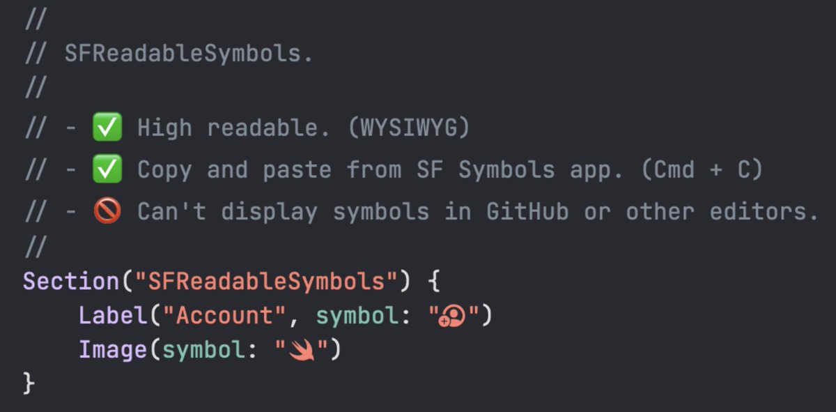 tobi462's tweet image. I just published SFReadableSymbols.
github.com/YusukeHosonuma…

This is experimental OSS library that high-readable code with SFSymbols. (Support only SFSymbols 3.2+ currently)

#SwiftUI #iOSDev #Swift