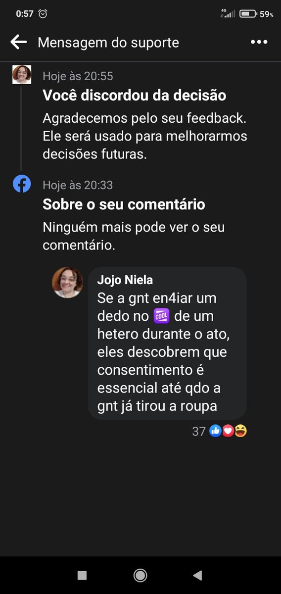 jo_niela's tweet photo. Facebook tem umas cara.... Não pode nem falar mal de homi que  "algoritmo" acha discurso de ódio ....
A minha resposta era sobre consentimento..... https://t.co/BVIq4nZvrd