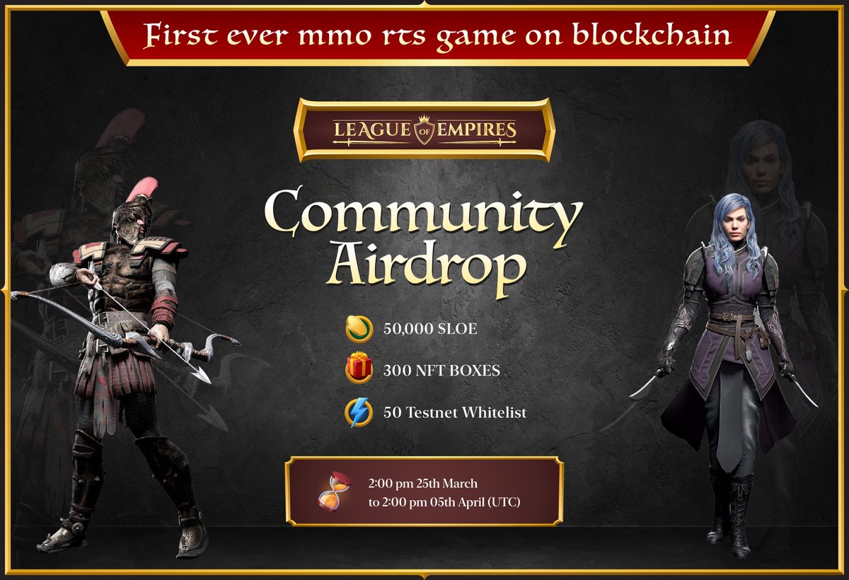 LEAGUE OF EMPIRES SUPER #AIRDROP STARTS NOW! 🔥🔥🔥

👉Join at  gleam.io/9Jrzy/super-ai…
🏆Total Reward: 50,000 $LOE 
🏆 300 NFTs free mint.
🏆 50 Whitelist test net Alpha game
📅 End date: April 05, 2022

#Giveaways #NFTGiveaways #Airdrops #airdropalert