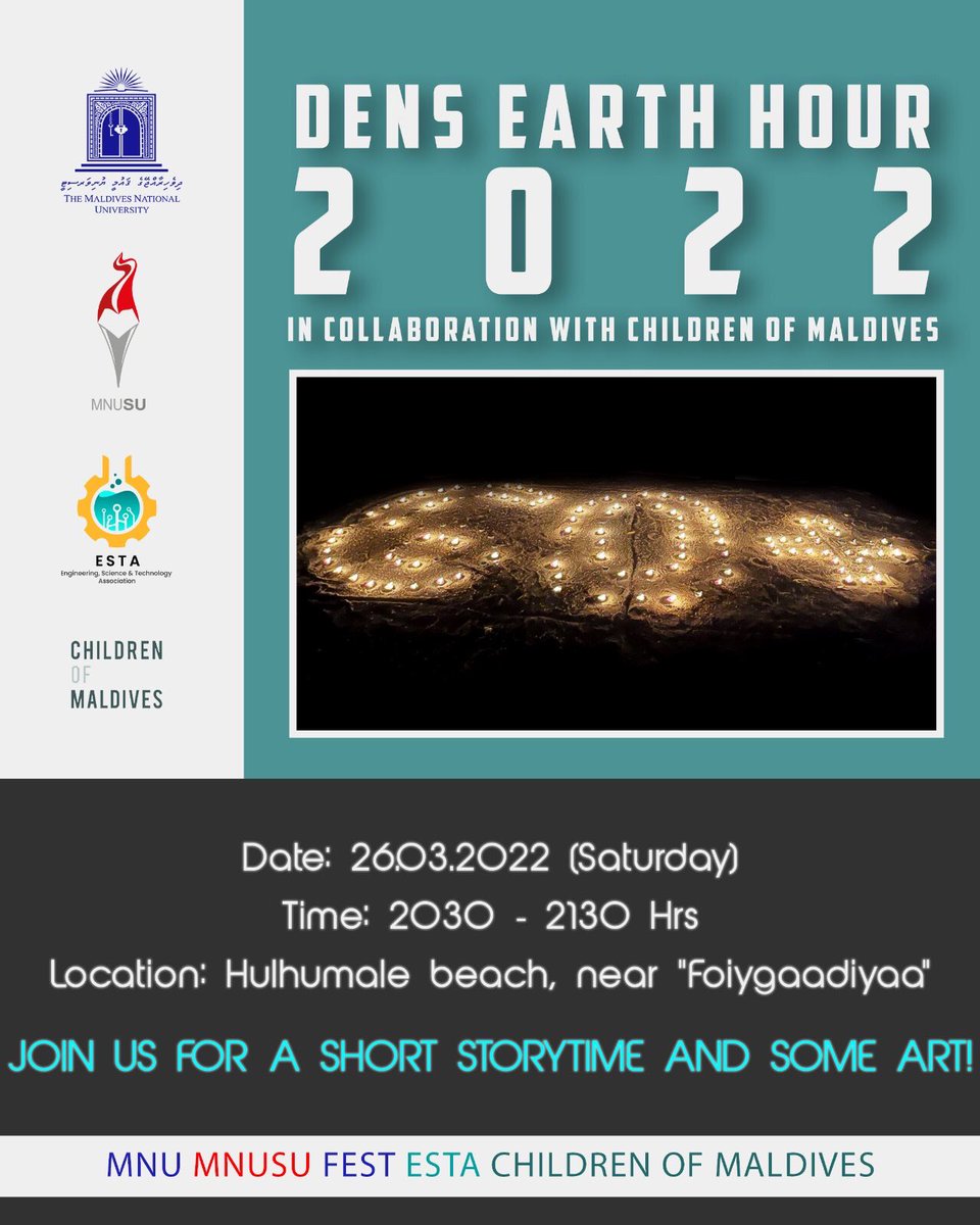 Join us for Earth hour tonight <a href="/foiygaadiyaa/">FoiyGaadiyaa</a> with <a href="/childrenofmv/">Children of Maldives</a> and <a href="/MNUSU/">MNU Students' Union</a> - storytime and fun art