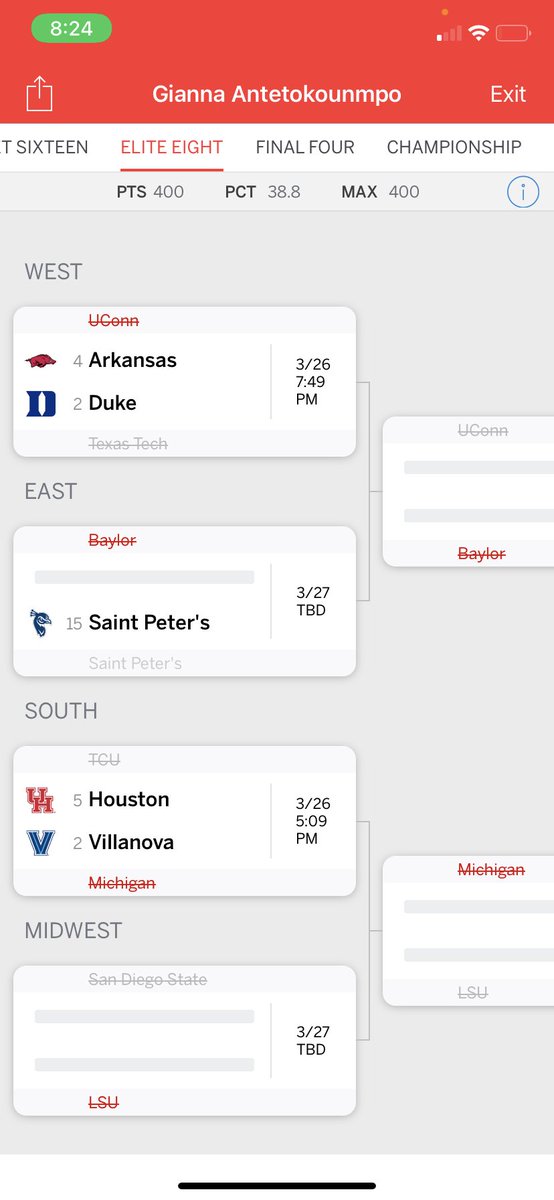 gpapagni's tweet photo. St. Peter’s might be only team standing, but I am in the top 0.87% to chose them in the elite 8 and for that I deserve a reward or something https://t.co/AhjgCSj7Is