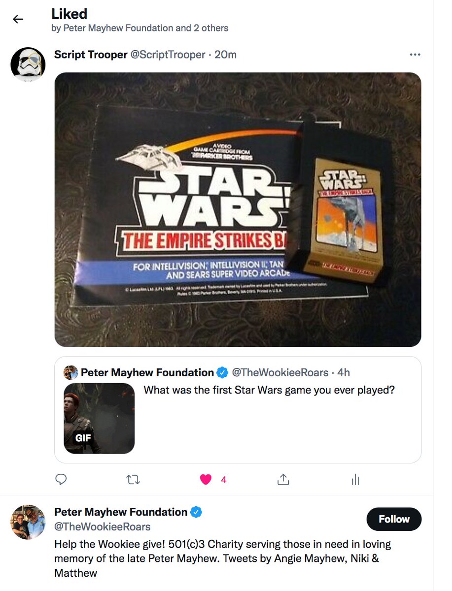 So cool I got a like from the Peter Mayhew Foundation!  Donate to help sick children through the foundation! https://t.co/foYW69h0sC