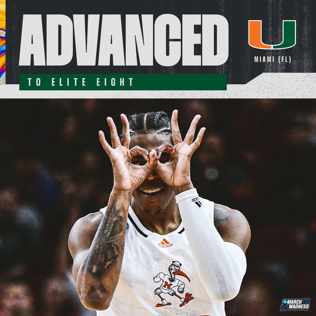 MarchMadnessMBB's tweet photo. CANES ARE HEADING TO THE ELITE 8! 🔥

(10) Miami takes down (11) Iowa State, 70-56, and punches its ticket to the next round #MarchMadness https://t.co/QkMJbmkn3P