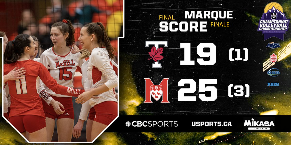 USPORTS_VBall's tweet photo. WVB🏐: @McGillAthletics get the win over the @Varsity_Blues to secure a spot in tomorrow's semi-final!

VBF🏐: @McGillAthletics gagnent la 4ième manche et sont maintenant dans la demi-finale!

@UCDinos @RSEQ1 @OUAsport 

#ChaseTheGlory | #ViserHaut https://t.co/Hgjn0HmqPE