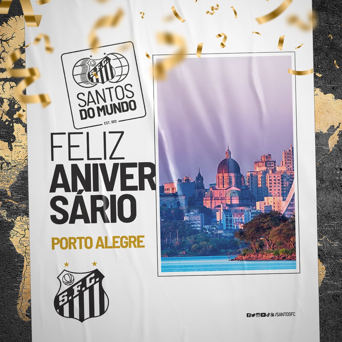 SantosFC's tweet photo. A cidade de Porto Alegre completa hoje 250 anos. Saudações alvinegras a todos os santistas da capital do Rio Grande do Sul! ⚪⚫ https://t.co/fV4Z8WYCGC