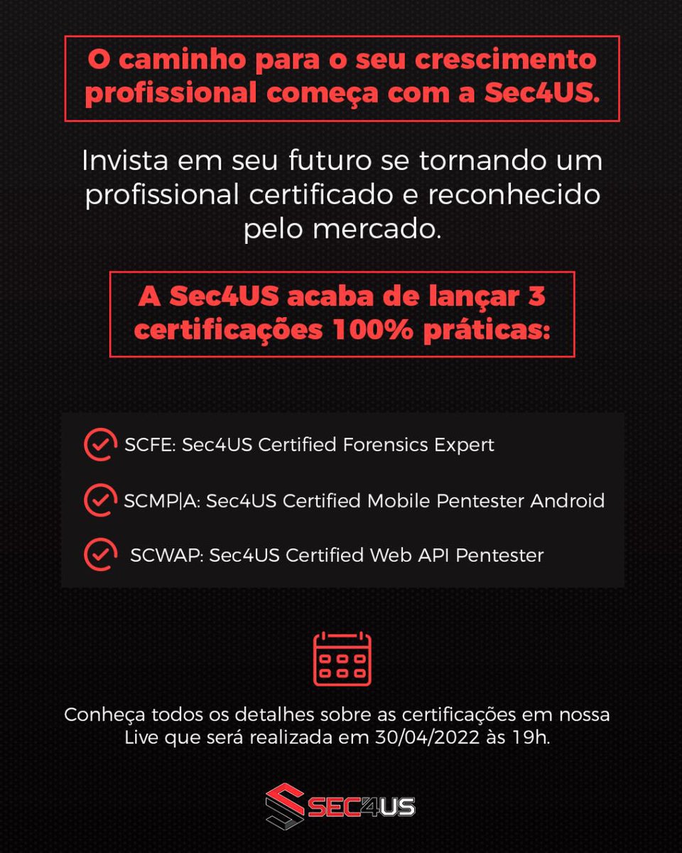 helvioju's tweet photo. A Sec4US acaba de lançar 3 certificações 100% práticas.
Conheça todos os detalhes sobre as certificações em nossa Live que será realizada em 30/04/2022 às 19h.
Inscrições em: https://t.co/jEMAXDzrVL
#certificação #sec4us #SCFE #SCMPA #SCWAP #cybersec #forense #android #futuro https://t.co/yK0R9sBpL8