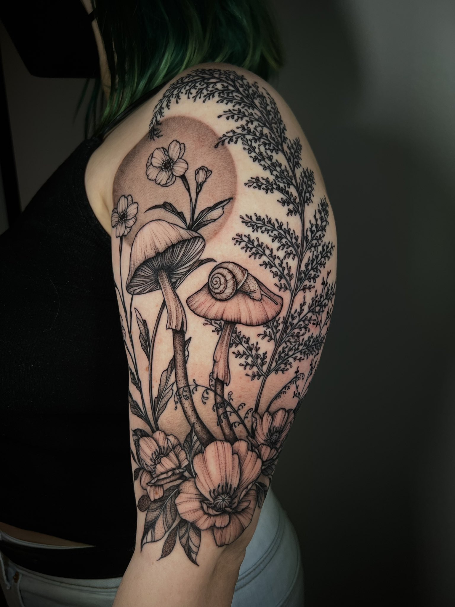 Tree And Mushroom Tattoo On Half Sleeve