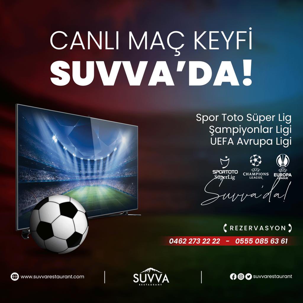 Canlı maç keyfi Suvva'da!⚽️📺

Suvva'da keyfli bir akşam geçirirken bir yandan Spor Toto Süper Lig, Şampiyonlar Ligi ve UEFA Avrupa Ligi Maçları'nı seyretmek ister misiniz
.