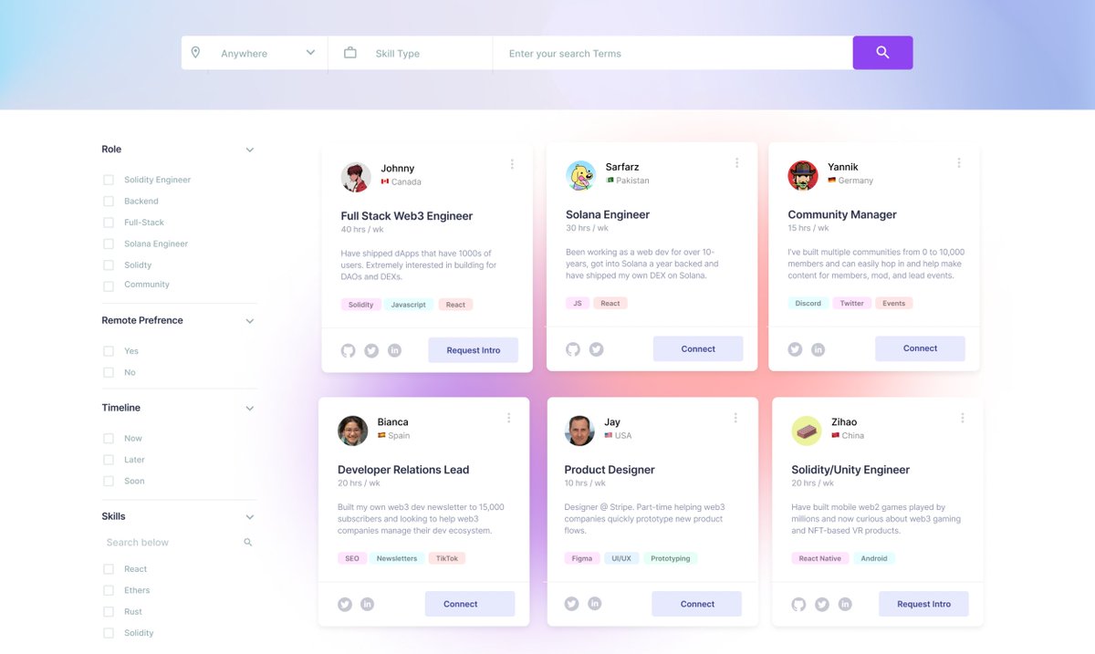 _buildspace's tweet photo. "Anyone know any web3 devs 🤔?"

Introducing @_buildspace discover -- the world's largest directory of web3 curious builders!

Quickly browse + filter through 10,000+ profiles and recruit full-stack engs, Solana/EVM devs, game devs, and more.

Over 100+ crypto cos using it rn. https://t.co/g9NBAeFySL