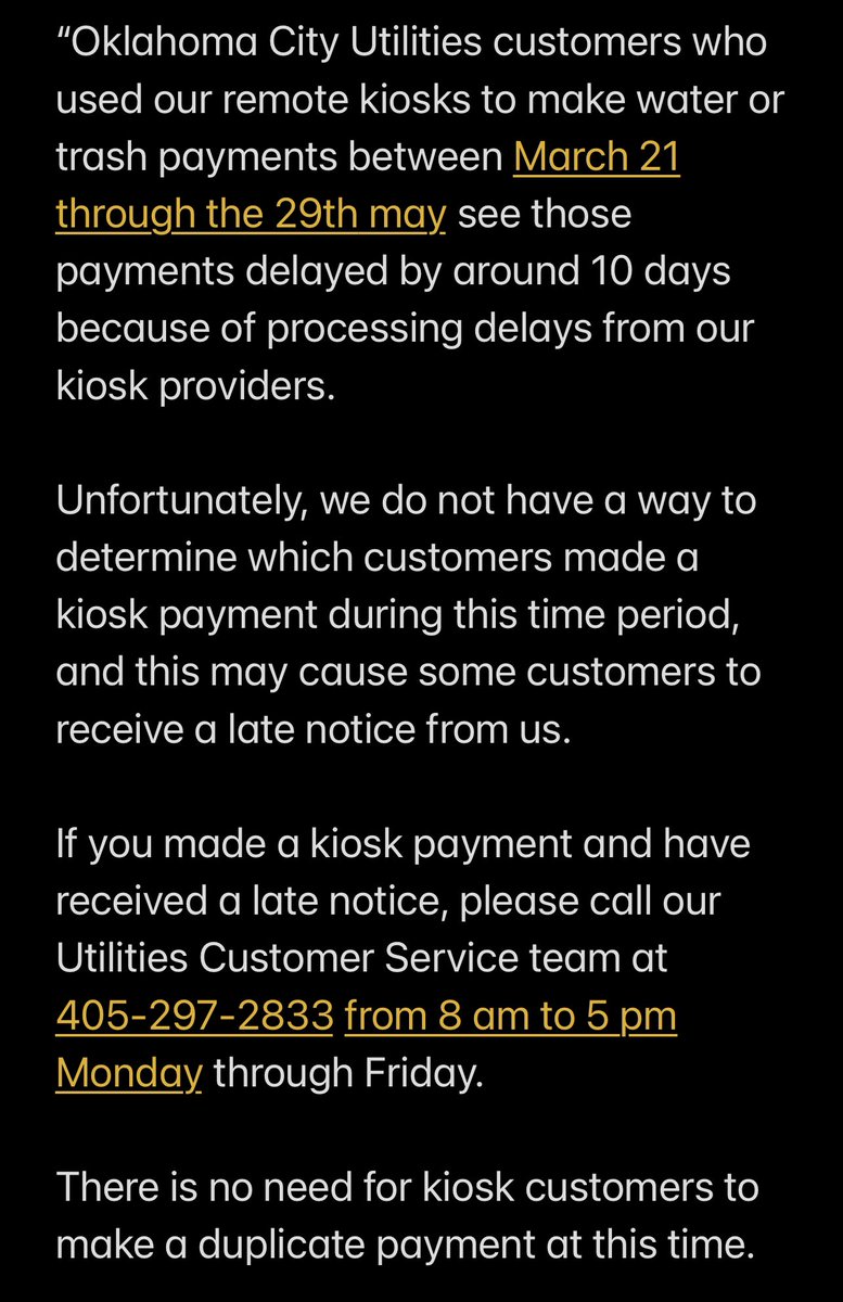 cityofokc's tweet photo. 🚨🚨 SERVICE ANNOUNCEMENT FROM OKLAHOMA CITY UTILITIES DEPARTMENT. If you make your Utility Bill payments by remote kiosk, please read below: https://t.co/0tT34KQCMQ
