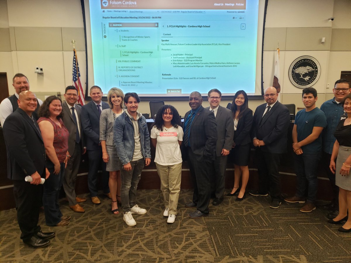 FolsomCordova's tweet photo. FCUSD is home to 2533 English language learners. Two remarkable students shared their journey with the Board, learning English, succeeding in school, building connections with teachers and helping others. 👏👏👏 to Jazmin and Waseem!! You make us #FCUSDproud https://t.co/b4RwqHcoO9