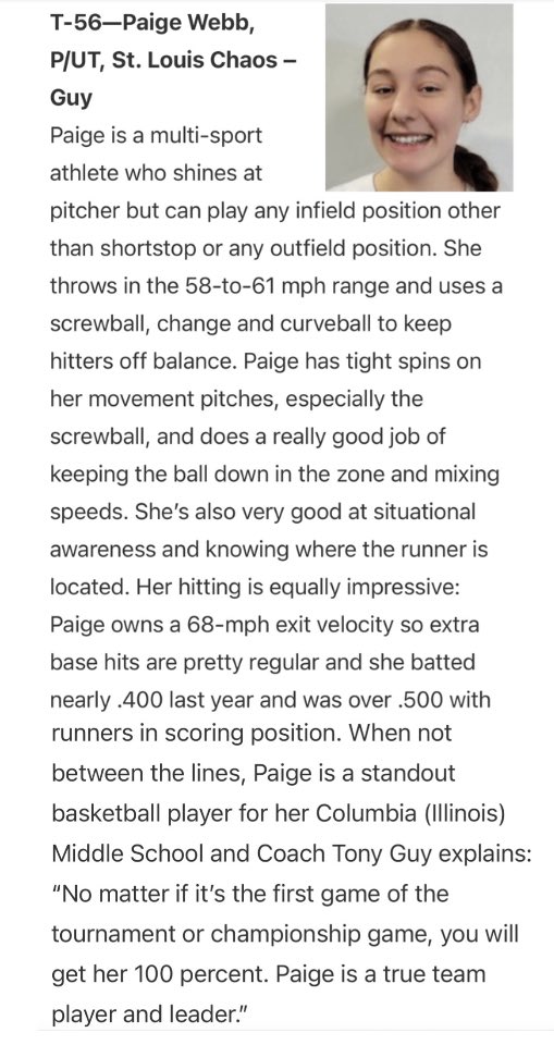Paige Webb (@webbpaige9) on Twitter photo Thank you <a href="/ExtraInningSB/">EXTRA INNING SOFTBALL</a>. I’m so honored to be ranked #56 this year. I am also beyond grateful to everyone who’s helped me get here. I couldn’t have done it without it all of you. <a href="/stlchaos07/">St Louis Chaos ‘07 - Guy</a> <a href="/StLChaos/">StL Chaos</a> Thank you <a href="/ExtraInningSB/">EXTRA INNING SOFTBALL</a>. I’m so honored to be ranked #56 this year. I am also beyond grateful to everyone who’s helped me get here. I couldn’t have done it without it all of you. <a href="/stlchaos07/">St Louis Chaos ‘07 - Guy</a> <a href="/StLChaos/">StL Chaos</a>