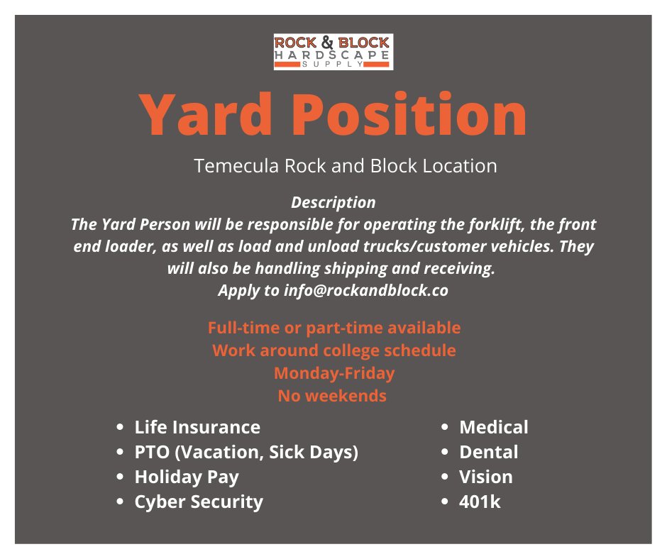_Rockandblock_'s tweet photo. Now hiring for a Yard position at our Temecula location! Work for an amazing company with endless amounts of growth. Come be a part of the #1 team in the nation for hardscape supplies.  Apply at info@rockandblock.co

#hiringnow #newjobposting #hardscapedesign #temecula https://t.co/i6mEzqbHgf