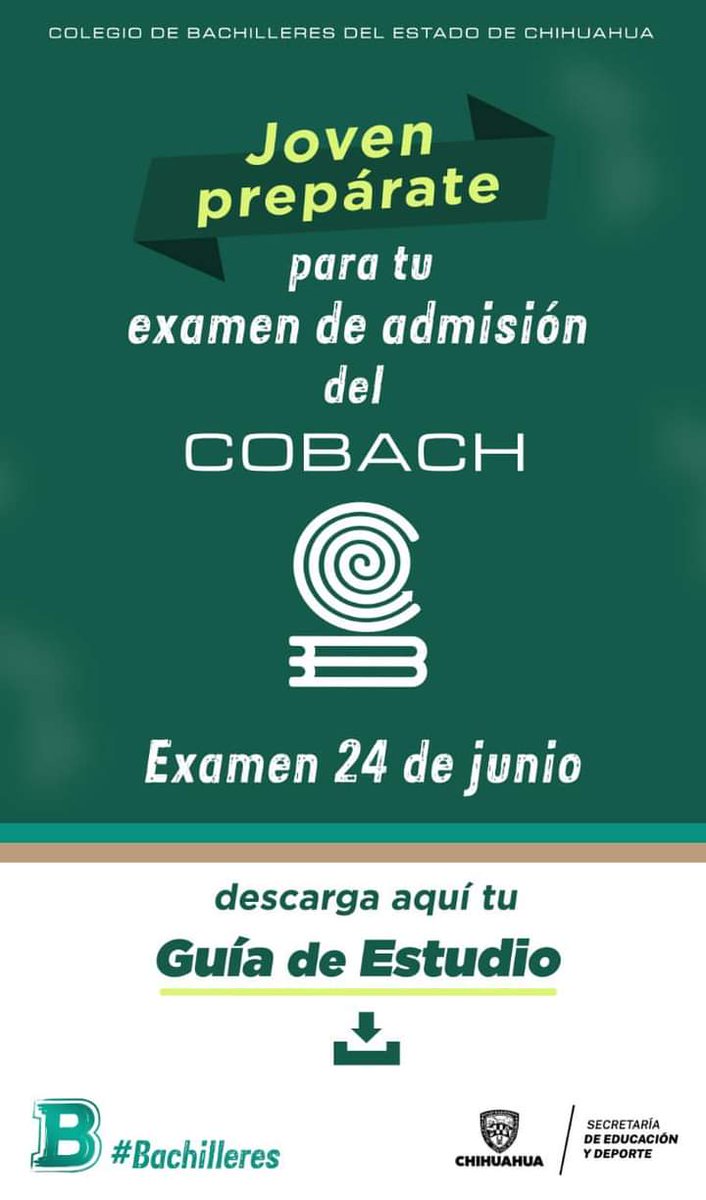 COBACHChihuahua's tweet photo. 🔺Atención jóvenes de secundaria 🔻

Ya pueden descargar la GUÍA de estudios para el examen de admisión que se realizará el 24 de junio.  

Da clic en el link  👉🏻 https://t.co/sX8hJwm1Ya

📌 Realiza la descarga desde tu computadora. 

#YoQuieroSerCobach 💚 https://t.co/3rzVg0WELR