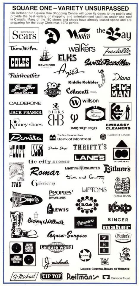 oldTOseries's tweet photo. A list of the original stores in Square One in Mississauga in 1973.  How many of these stores still exist? https://t.co/DFic4RALJB