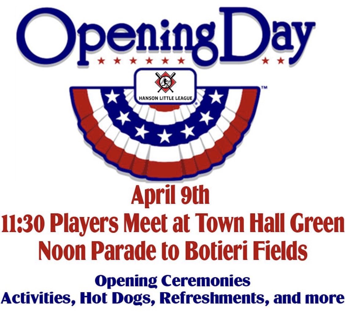 HansonLL02341's tweet photo. Opening Day will be Saturday, April 9th, 11:30 am. Teams will meet at Town Hall to get their uniforms &amp; parade to Botieri Fields. We will have opening ceremonies, activities, refreshments and mini games between top divisions. Fun day for the whole family! @townofHanson #HansonMA https://t.co/65nSqaxuJR
