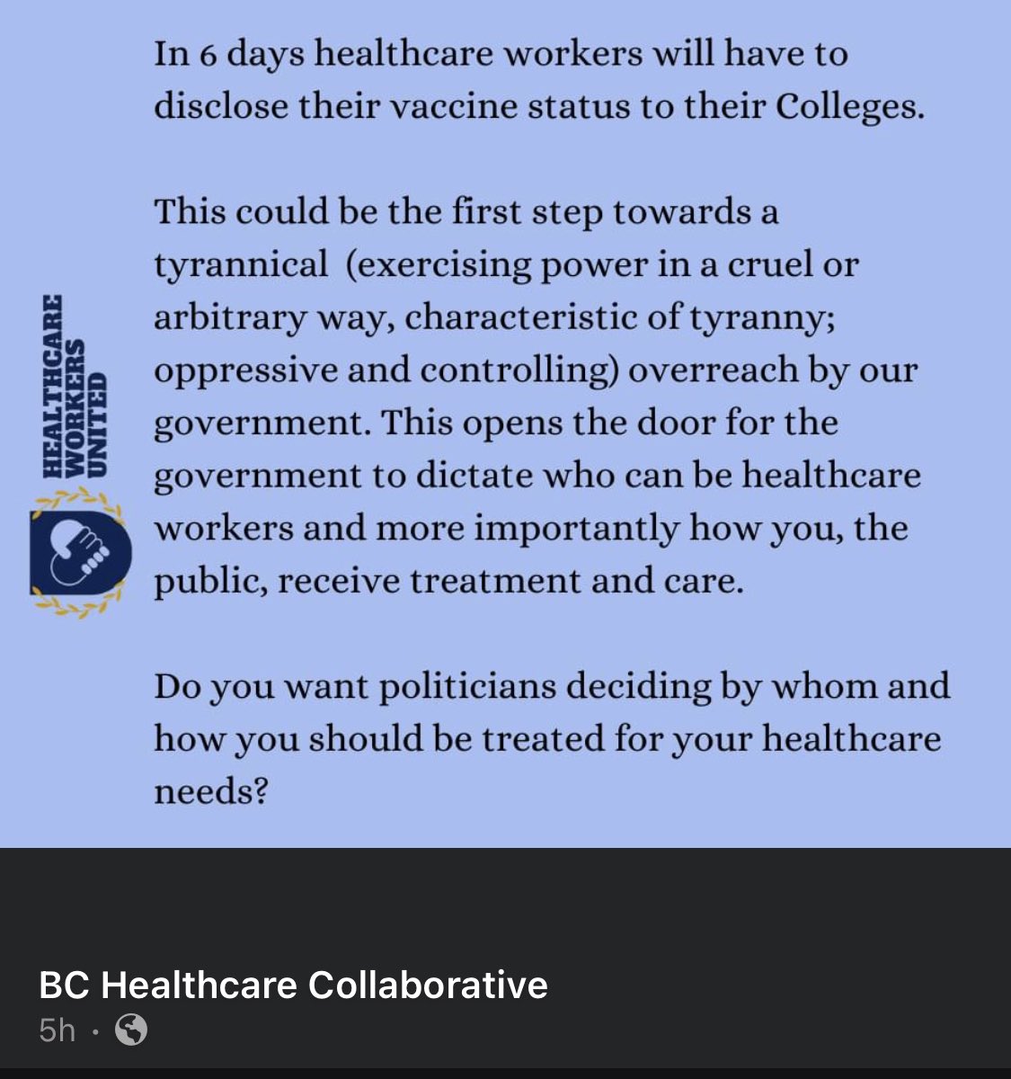 Kay96271360's tweet photo. Unvaccinated health care workers are considered a 'health hazard' without any evidence being presented.

https://t.co/FrUtA69b4X

#UnitedWeChoose
#bchealthcare 
#bchealthcarecollaborative 
#mandates
#BritishColumbia https://t.co/hUGzgqnwFB
