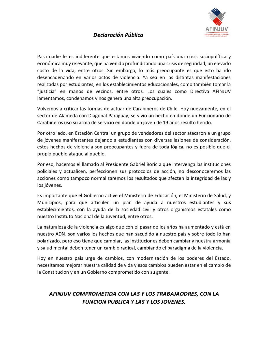 afinjuv's tweet photo. Cómo Directiva lamentamos y condenamos los últimos hechos de violencia en donde están involucrados jóvenes. Debemos generar cambios radicales, para mejorar nuestra calidad de vida y social, lográndolo con el cambio de Constitución y el Gobierno de @gabrielboric con la Gente. https://t.co/SEoWSSFOlo