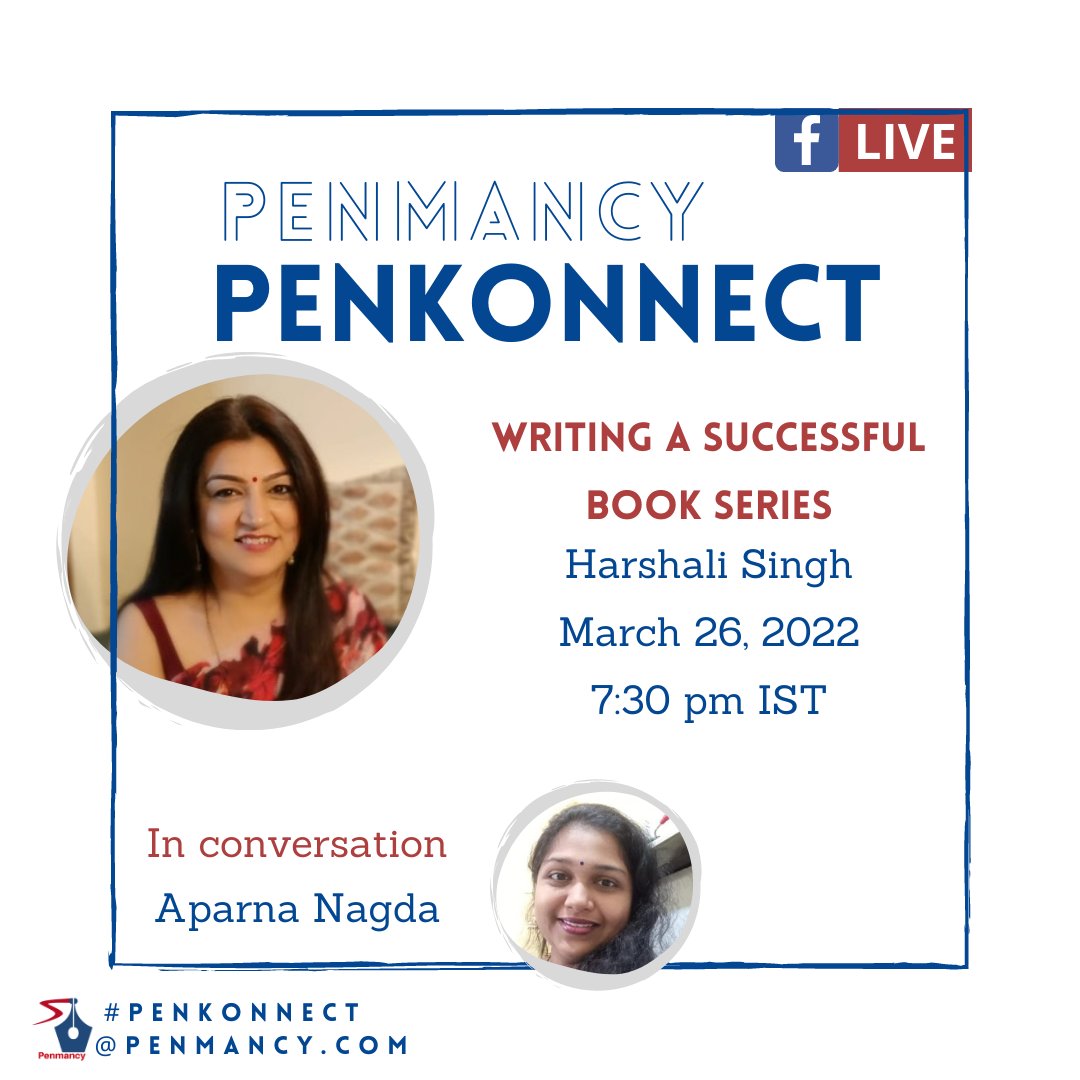penmancy's tweet photo. #PenmancyPenKonnect -TODAY!

Join us on 26th Mar (Saturday) at 7:30 pm on Penmancy Facebook Page to interact with @harshalisingh 

#writerscommunity #indianwriters #writeindia #pentalk #penchat #writersvoice #writersofinstagram #writingnovels  #publishedwriters https://t.co/DZAdtG8STR