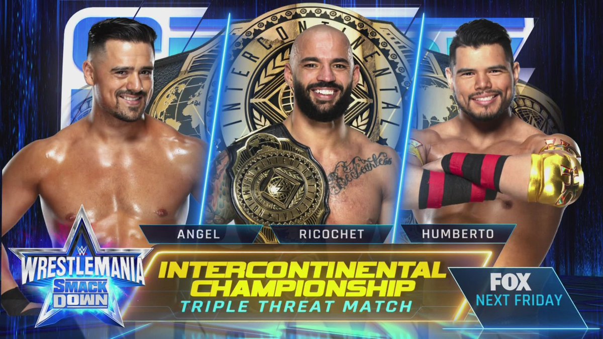 WWE's tweet photo. .@KingRicochet defends the #ICTitle against @AngelGarzaWwe and @humberto_wwe in a Triple Threat Match next week on #WrestleMania #SmackDown! https://t.co/hQgPbTHaI8