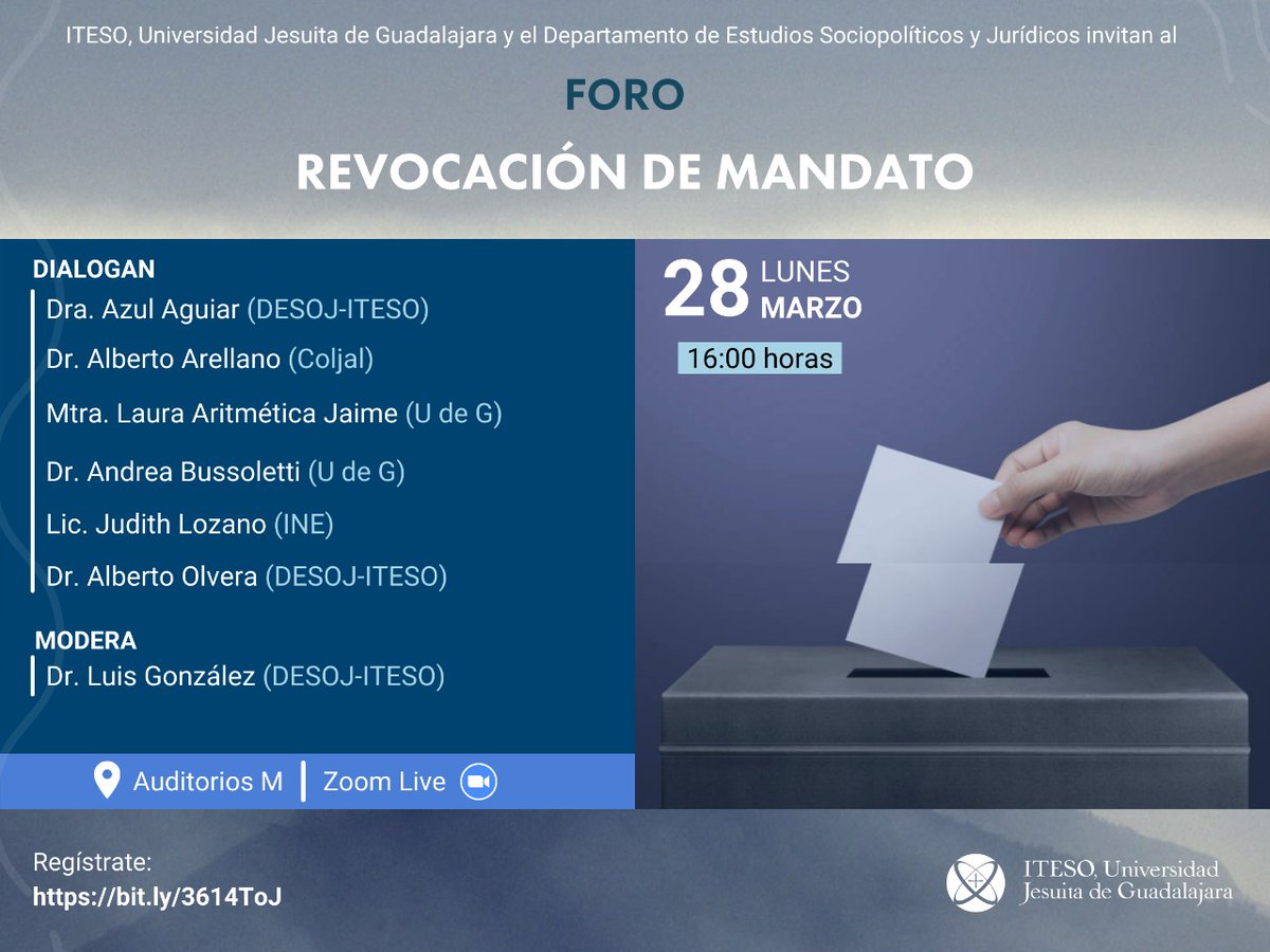 No te pierdas el próximo lunes 28 de marzo a las 16:00 h el foro que tenemos organizado sobre el tema de la "Revocación de Mandato" 🗳️

📍Presencial: Auditorio M
▶️ Virtual: Se compartirá el link de zoom y transmisión el día del evento.

Regístrate en: bit.ly/3614ToJ