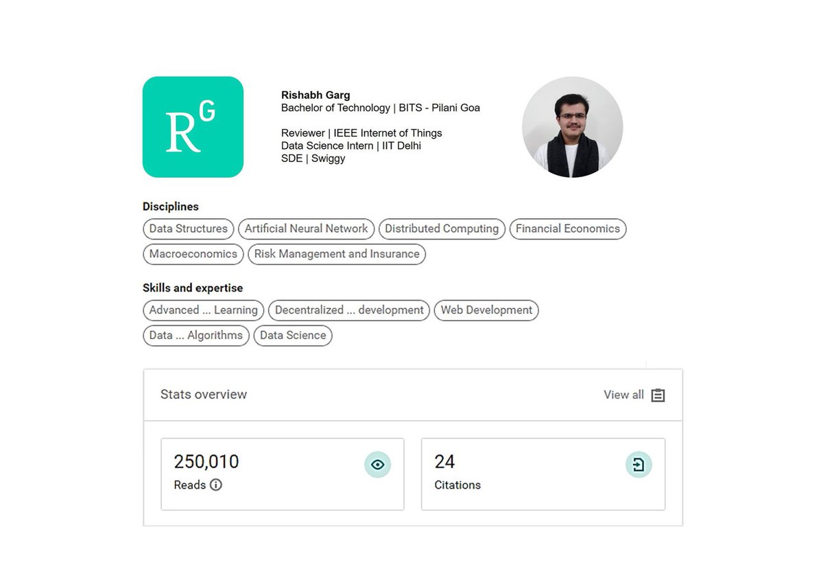 During the last 03 years, I've reached 250,000 reads, 150 recommendations, 130 research interest and 24 citations at Research Gate.

Thanks to all my colleagues at Research Gate who took sustained interest in my research work and appreciated it.

researchgate.net/profile/Rishab…