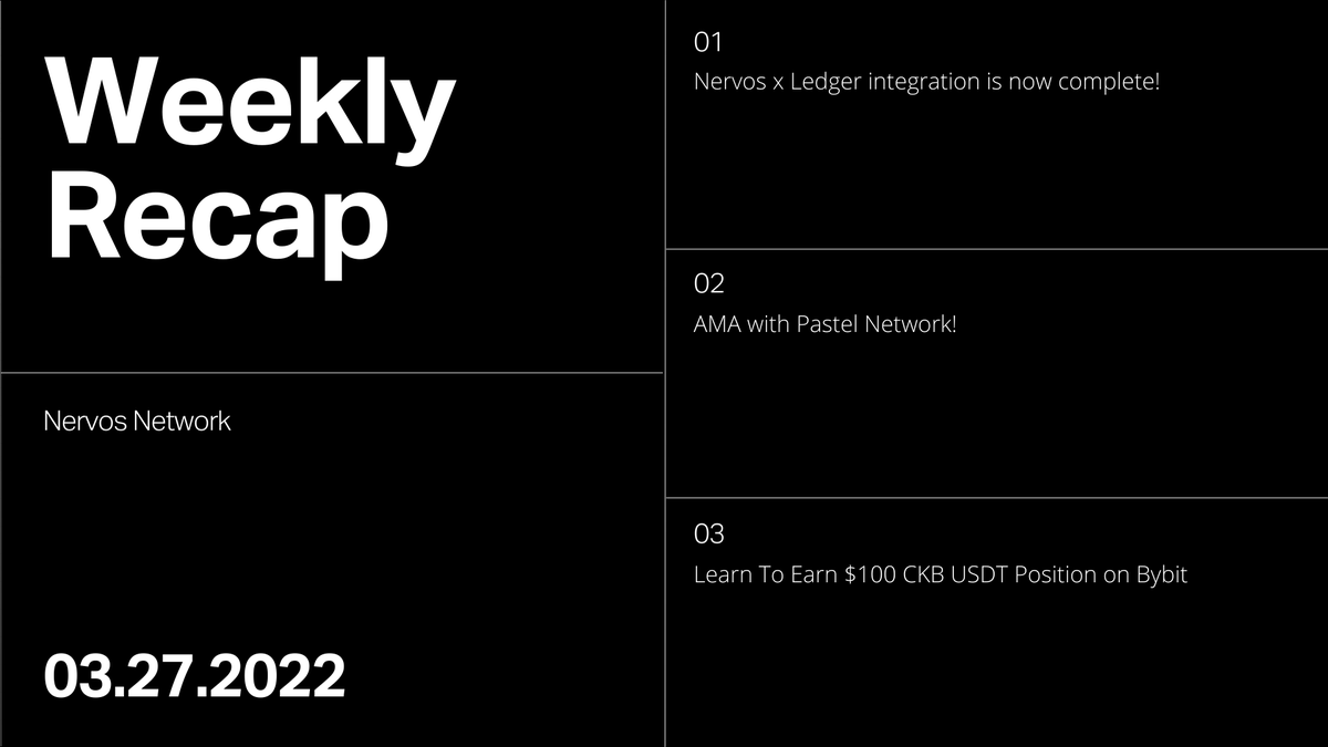 NervosNetwork's tweet photo. Weekly roundup!✨
✅Nervos x Ledger integration is now complete! Read more 👉 https://t.co/mufZZBkBJr
✅#AMA with @PastelNetwork!
✅Learn To Earn $100 CKBUSDT Position on #Bybit 👉 https://t.co/HMz7cT4Bqp https://t.co/HwlbMr4132