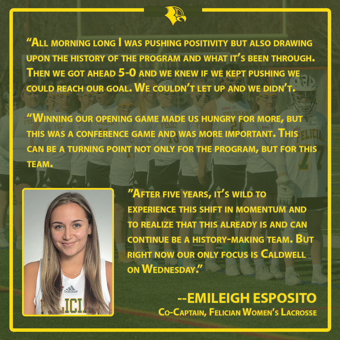 Here are thoughts from <a href="/FelicianLax/">Felician Womens Lax</a> fifth-year senior and co-captain <a href="/emileighespo/">Emileigh</a> regarding today's initial #Felician #CACC WOMEN'S LACROSSE win.

Esposito was on the field for 26 of the program-opening 42 league losses.