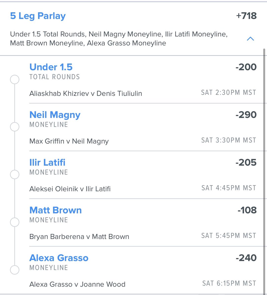 KellyLGomez's tweet photo. @mark_ranagan - Can’t PM you as follower not sure why. What other (2) fights do you like best outside the 5 listed below for a +1000 7 leg parlay? Cheers to a great 2022. https://t.co/kWXTos5qna