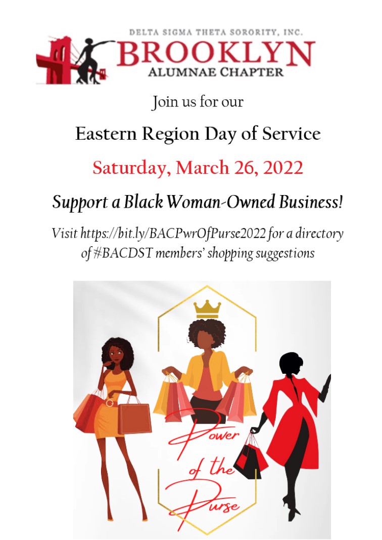 MsSharonReid's tweet photo. Shop and Show Power of the Purse! Join #BkACDST #BACDST for our @EasternRegDST Day of Service on Saturday, March 26, 2022. Support a Black Woman-Owned Business! Visit https://t.co/noZJJJH5NX for a directory of #BACDST members’ shopping suggestions. #ERPowerOfThePurse #WeBuyBlack https://t.co/TKr7jl8Zgz