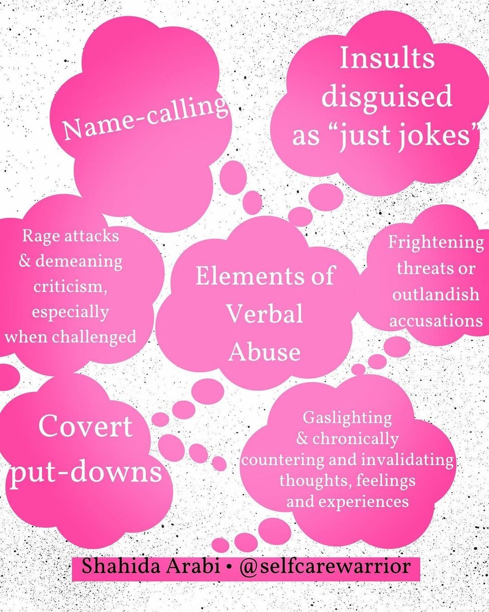 LaurieSahli's tweet image. Reposted from @selfcarewarrior Some examples of verbal abuse - which should be taken just as seriously as any other type of abuse. ♥️🙏 ——————————————
#namecalling #countering #putdowns #justajoke #verbalabuse #gaslighting #invalidation #narcissisticabuse #psychologicalabuse