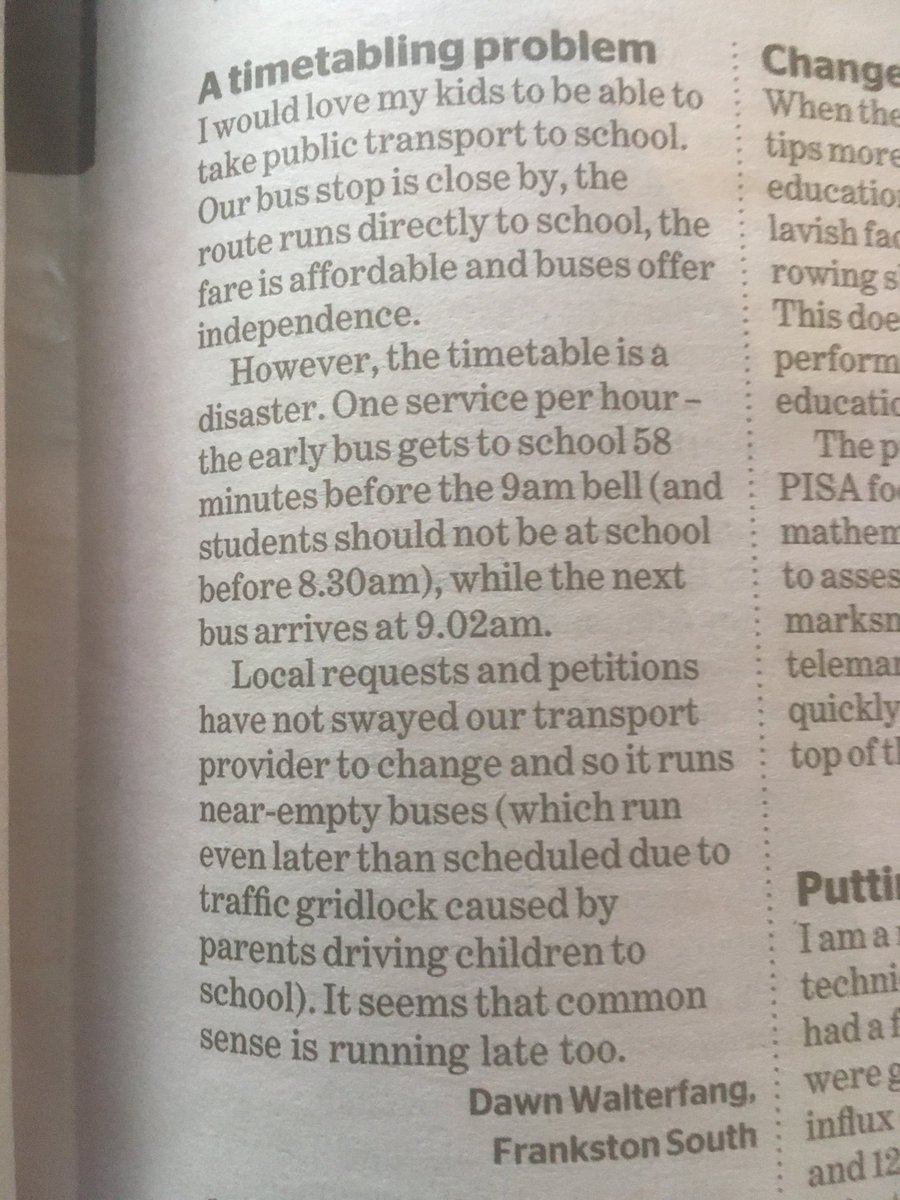 tonybmorton's tweet photo. Dawn in Frankston South nicely articulates in ⁦@theage⁩ why people don’t use hourly buses, and it’s nothing to do with ‘loving cars’. Boosting bus frequencies is one of the biggest and simplest tools for fighting both traffic congestion &amp; climate change. #FrequencyIsFreedom https://t.co/ihZbVbAPes