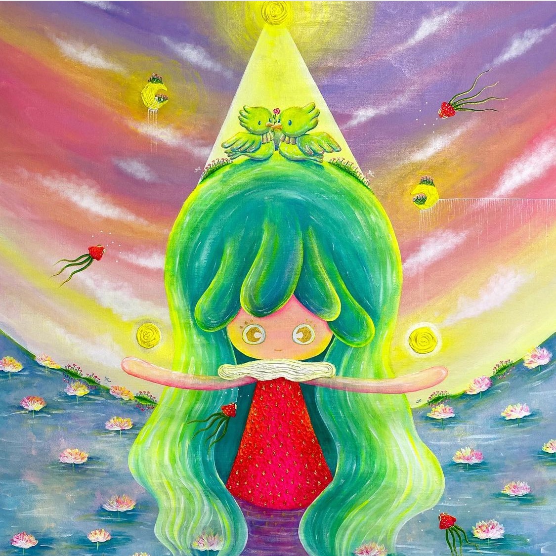 nanahoshimuu's tweet photo. アートフェア東京

３つの作品のうちの3つ目

Rinkle
「The power of water lilies and one rose」
 Bird of water and forest
 ー睡蓮と一輪の薔薇ー

🌸🌹

（展示前から完売でした🙇‍♀️） https://t.co/P2nFkJgFWF