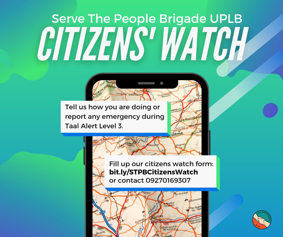 stpbuplb's tweet photo. STPB UPLB CITIZENS WATCH❕
Tell us how you are doing and how we can help during Taal Alert Level 3.
You can fill up this form https://t.co/N9ktP6MRnv, send us a DM, or text our hotline number: 09270169307.
#STPBRelief https://t.co/8YAgV9W8AL