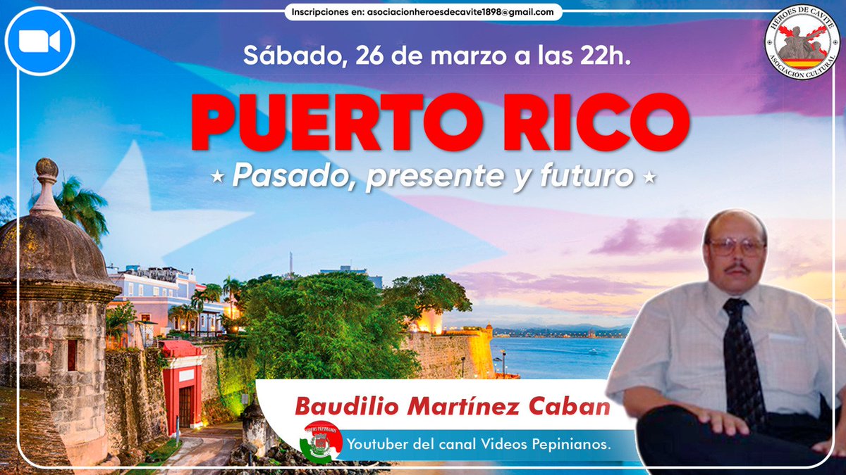 Videoconferencia:
PUERTO RICO. Pasado, presente y futuro. 
Imparte: Baudilio Martínez Caban.
Youtuber del canal Videos Pepinianos.

📅 SÁBADO, 26 de Marzo de 2022
🇪🇸 22h. España
18h Argentina
17h Puerto Rico
16h Perú, Ecuador, Colombia
15h México
Síguenos:
youtube.com/c/AsociaciónCu…