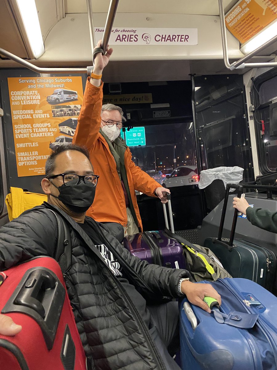 MHSOrchParents's tweet photo. Planes, trains &amp; automobiles! Through customs and shuttles - finally found our chartered bus in Chicago now heading to MHS! https://t.co/aKT7V1Gf4Q