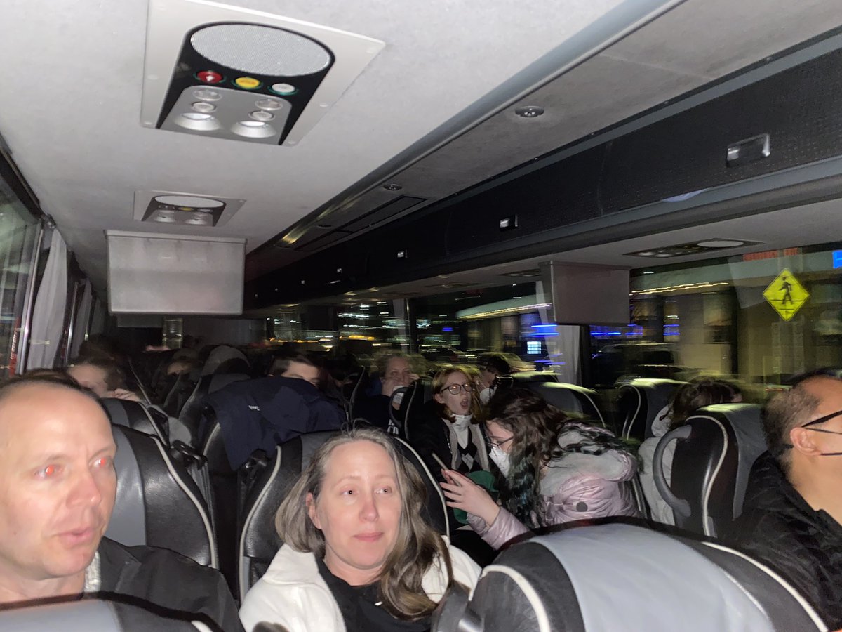 MHSOrchParents's tweet photo. Planes, trains &amp; automobiles! Through customs and shuttles - finally found our chartered bus in Chicago now heading to MHS! https://t.co/aKT7V1Gf4Q