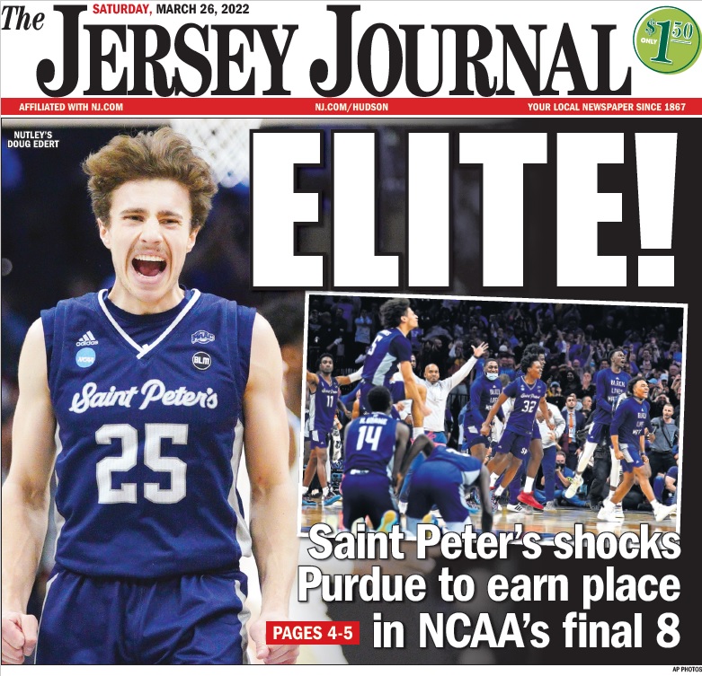 The front cover of Saturday's Jersey Journal. Go Peacocks! #strutup <a href="/MarchMadnessMBB/">NCAA March Madness</a> <a href="/PeacocksMBB/">Saint Peter's Men's Basketball</a> <a href="/JerseyCity/">City of Jersey City</a>