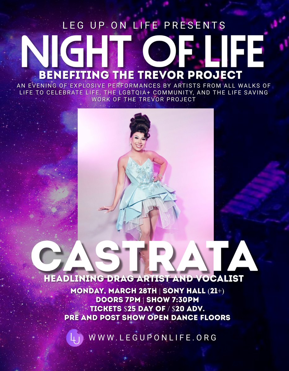 WEPA!! The Latine Songstress @castratanyc is ready to slay with an all new production number that will 🤯!!! Don’ Miss out on this fierce performance AND MORE at NIGHT OF LIFE!!! Benefiting The Trevor Project is back Monday, March 28th at Sony Hall! 🎟🔗 in Bio!!