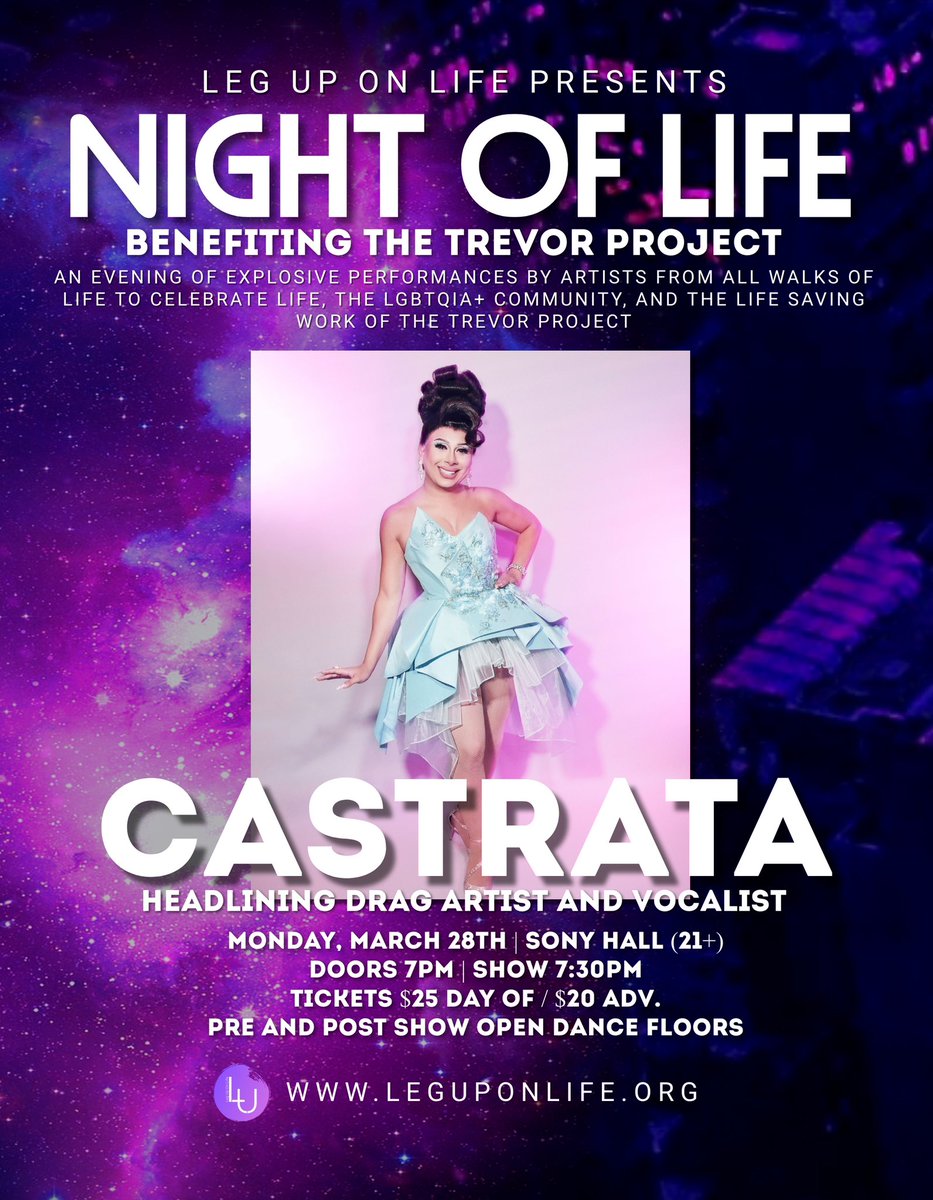 LegUpOnLife's tweet photo. WEPA!! The Latine Songstress @castratanyc is ready to slay with an all new production number that will 🤯!!! 

Don’ Miss out on this fierce performance AND MORE at 

NIGHT OF LIFE!!! Benefiting The Trevor Project is back Monday, March 28th at Sony Hall! 🎟🔗 in Bio!! https://t.co/zkBde3jF54