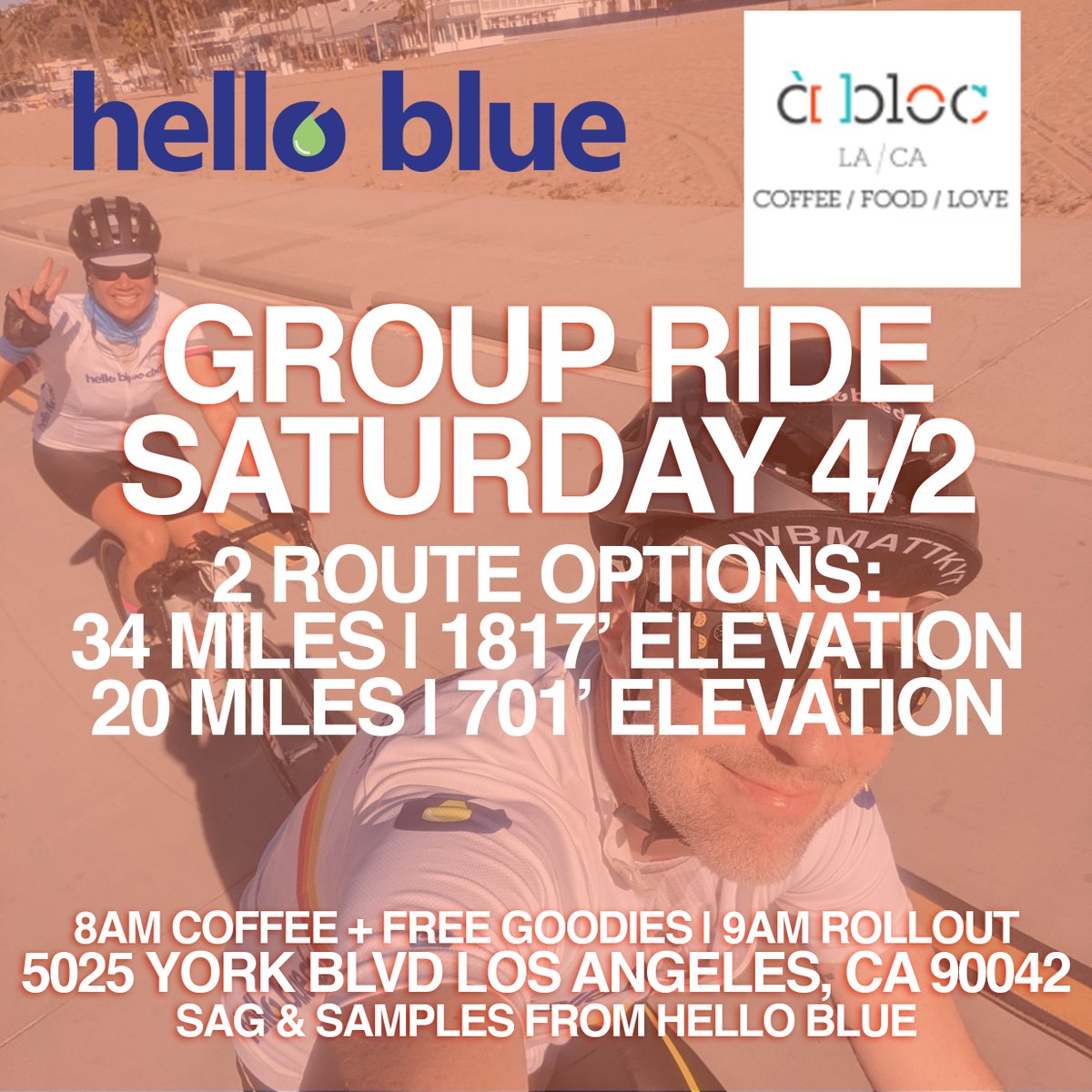 HelloBlueCBD's tweet image. Socal friends, let's ride!

Cyclists of all skills and experiences welcomed! We will provide free samples as well as SAG on the routes! Come pedal with us and say hello.

@ablocLA 5025 York Blvd, LA, CA 90042

#lasucksforcycling #groupride #bikes #coffee #bikesandcoffee