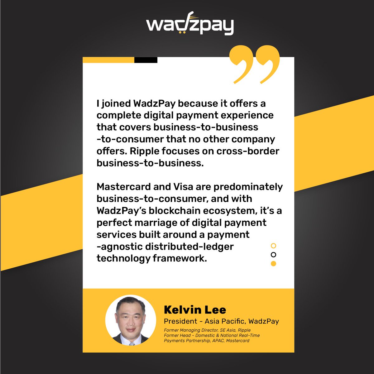 WadzPay's tweet photo. Quote of the year contender? We certainly think so. Ex-#Ripple Head weighs in on why he joined the star-studded WadzPay executive leadership.

#WadzPay #WeAreWadzPay $XDC $WTK $XRP #blockchain #startup #payments #CBDC https://t.co/FrQQS4wu1m