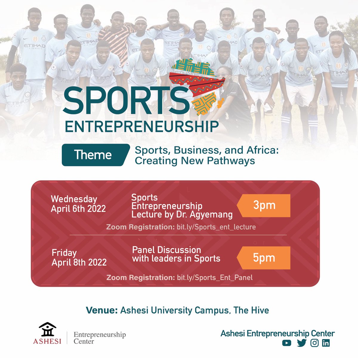 AEC presents Sports Entrepreneurship: Sports, Business, and Africa: Creating New Pathways

Join us on 6th and 8th April, 2022 to learn more about the career and academic opportunities that exist in Sports entrepreneurship.
#sportsentreneurship #sports #Ashesi #ashesientrepreneurs