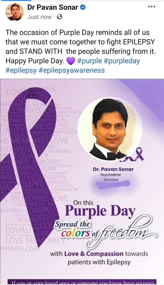 DrPavanSonar's tweet photo. The occasion of Purple Day reminds all of us that we must come together to fight EPILEPSY and STAND WITH  the people suffering from it.
Happy Purple Day. 💜 #purpleday #epilepsy #epilepsyawareness #RemoveStigma #DrPavanSonarSays #DrPavanSays #MentalHealth #RRRMovie #awareness https://t.co/Sk2MGwslgK